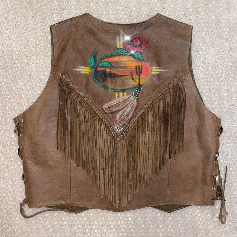 VTG Genuine Leather Hudson Leather Fringe Women's Size 2XL 2X Biker Vest Graphic